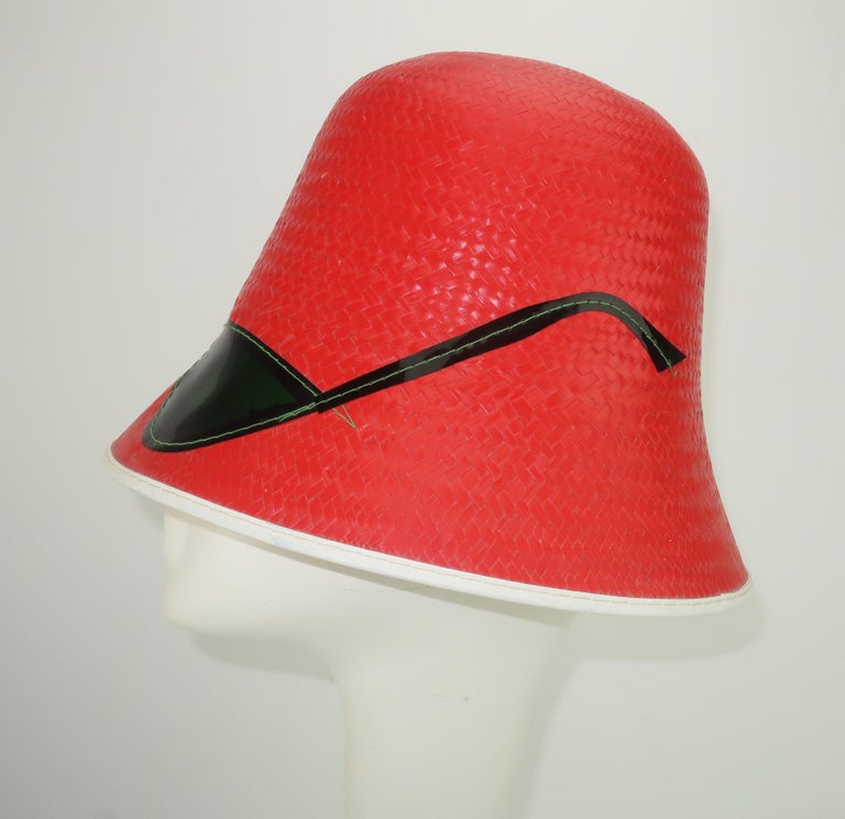 Red Straw Bucket Beach Hat With Built-In Sunglasses, C.1960 at 1stDibs