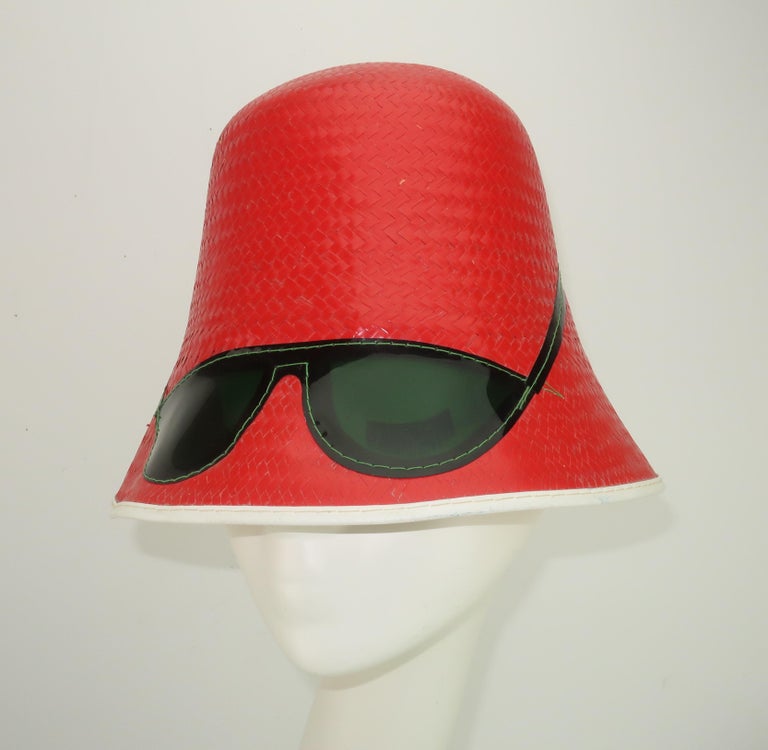 Red Straw Bucket Beach Hat With Built-In Sunglasses, C.1960 at 1stDibs