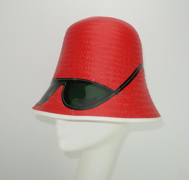 Red Straw Bucket Beach Hat With Built-In Sunglasses,