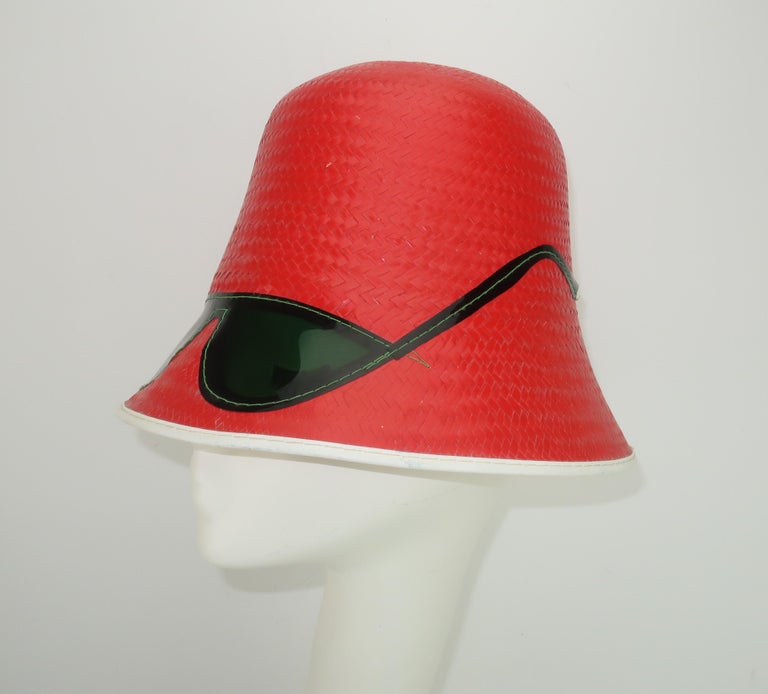 Red Straw Bucket Beach Hat With Built-In Sunglasses, C.1960 at 1stDibs