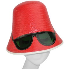 Retro Red Straw Bucket Beach Hat With Built-In Sunglasses, C.1960