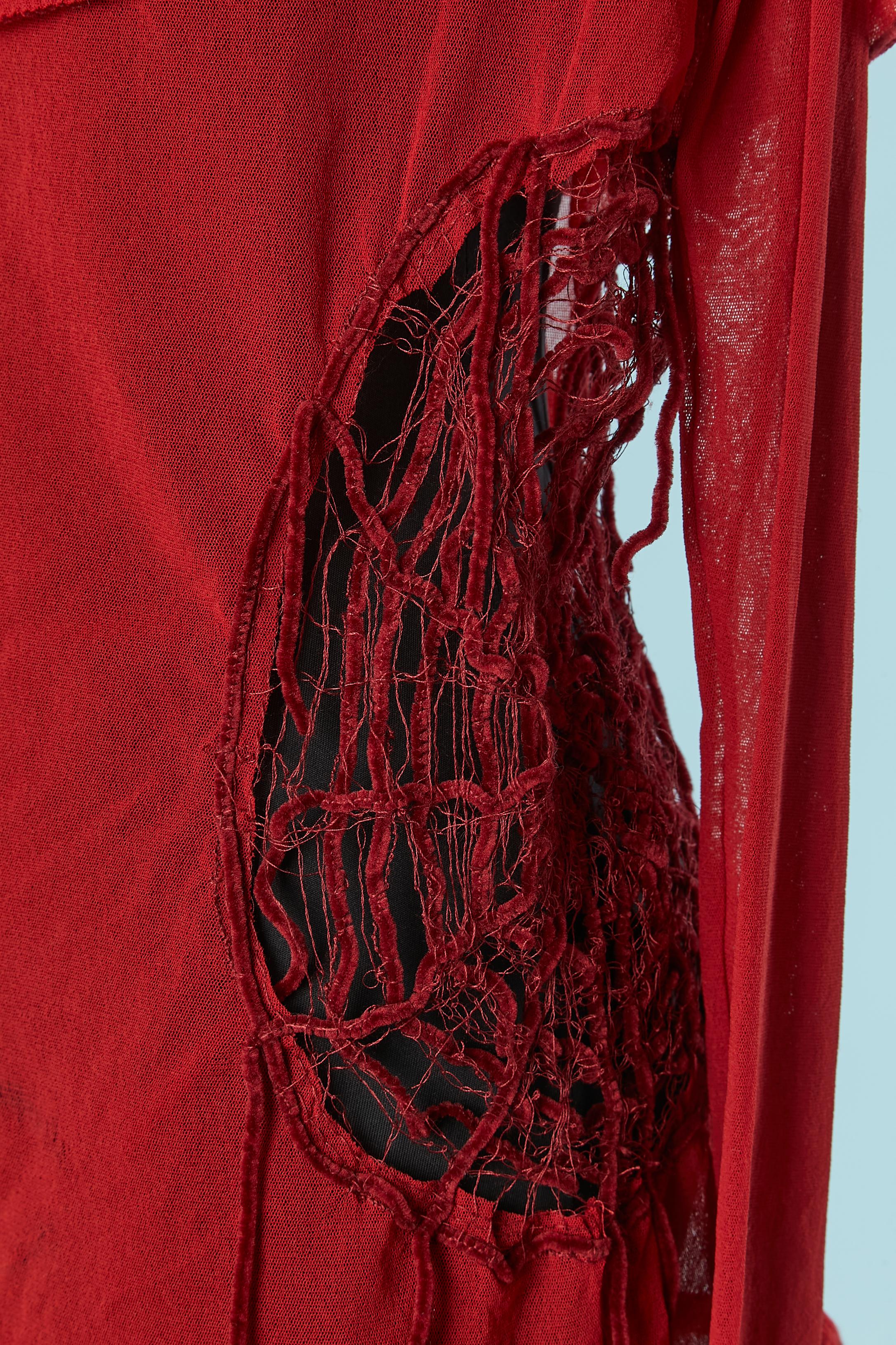Rosso Top rosso a maniche lunghe in tulle elasticizzato con rete di ragno Jean Paul Gaultier Jeans in vendita