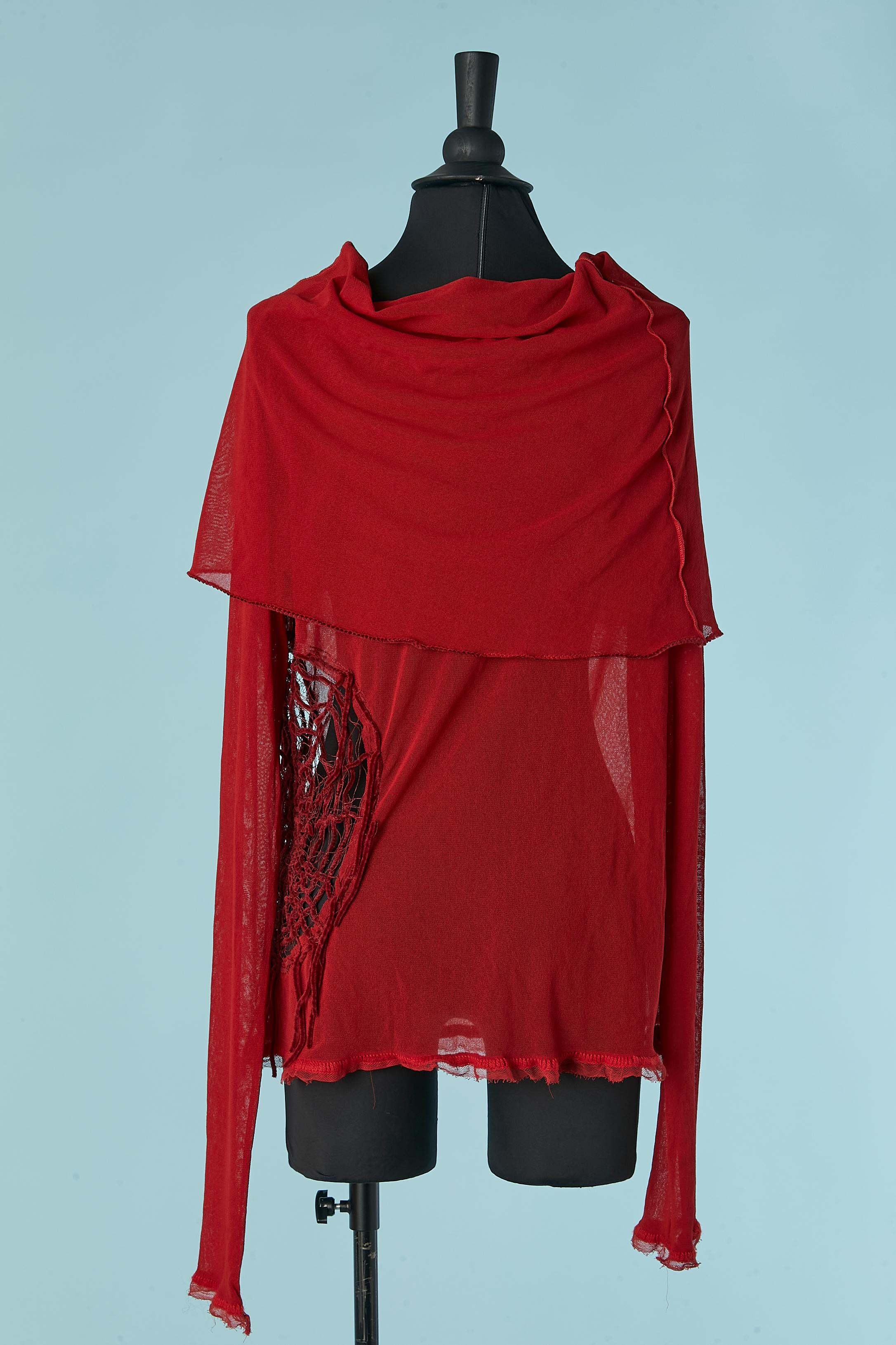 Top rosso a maniche lunghe in tulle elasticizzato con rete di ragno Jean Paul Gaultier Jeans in vendita 1