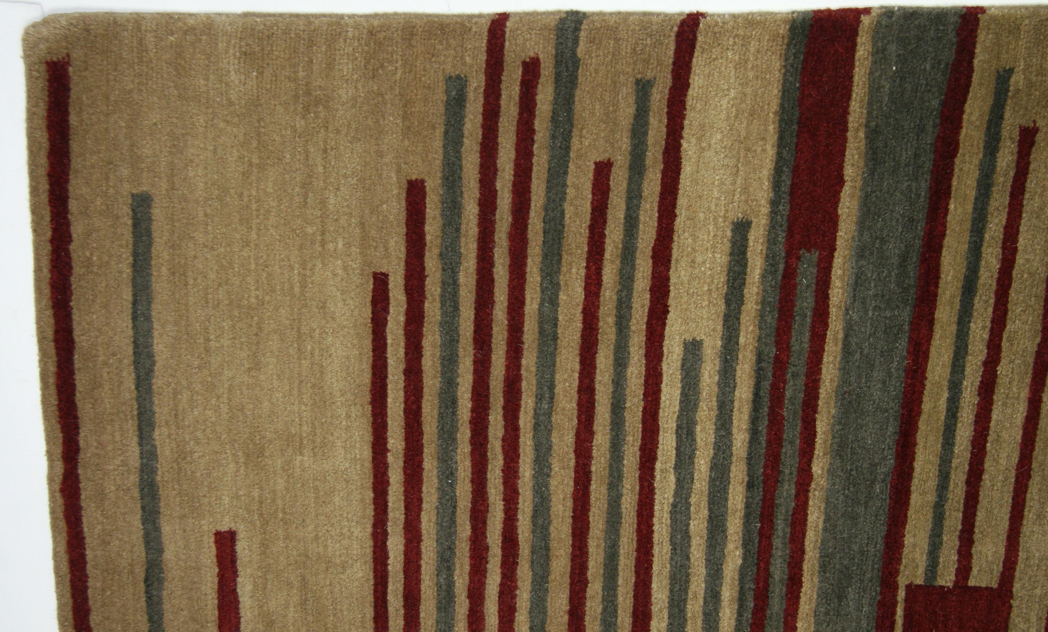 Hand-Knotted Red Stripe Tibetan Design Area Rug For Sale