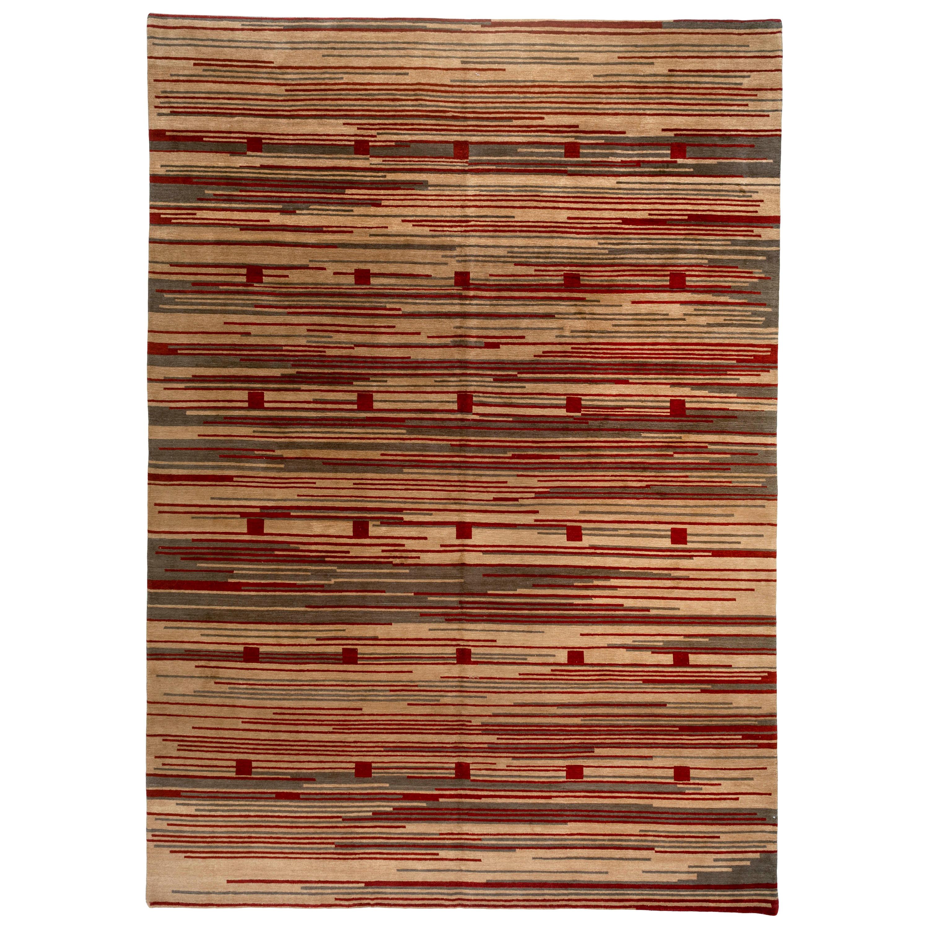 Red Stripe Tibetan Design Area Rug For Sale