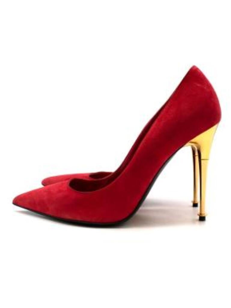 Red Suede Pointed Toe Shoes with Gold Heel For Sale at 1stDibs red