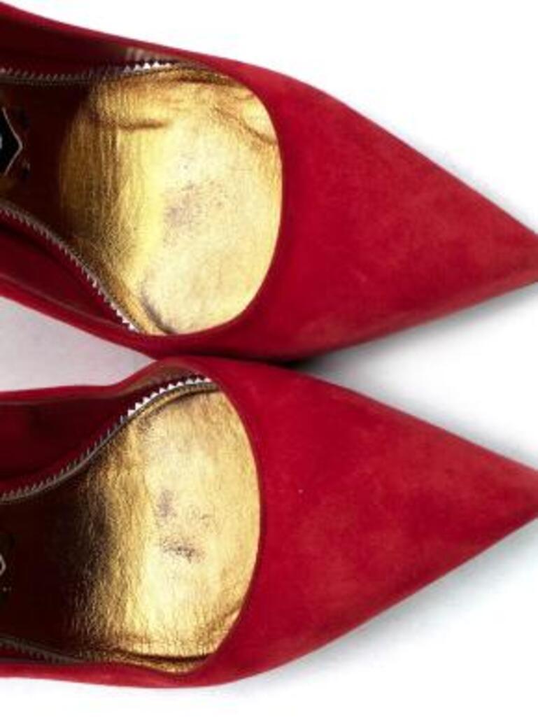 Red Suede Pointed Toe Shoes with Gold Heel For Sale at 1stDibs red
