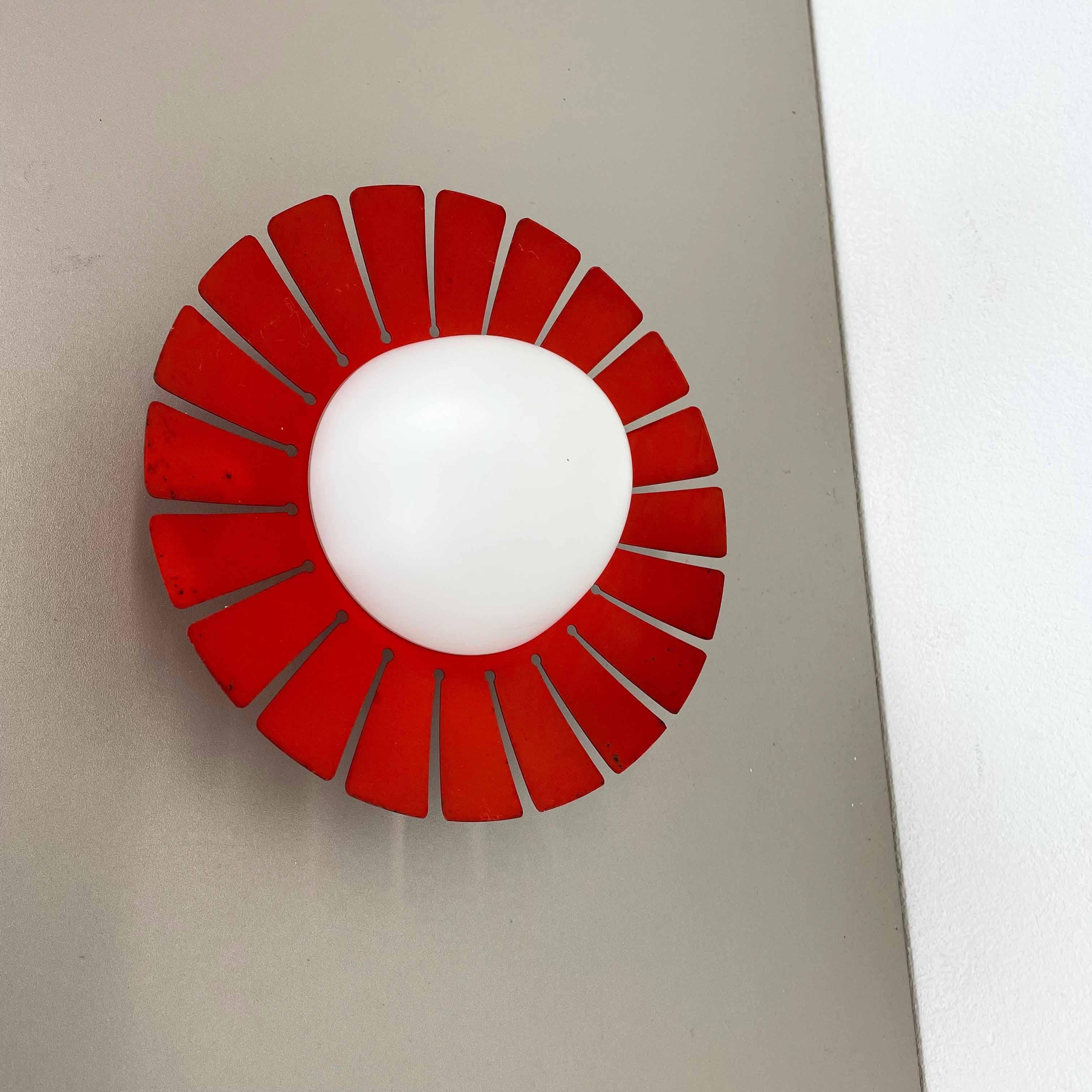 Red Sunburst Stilnovo Style Metal Opaline Glass Wall Light Sconces, Italy, 1960s 4