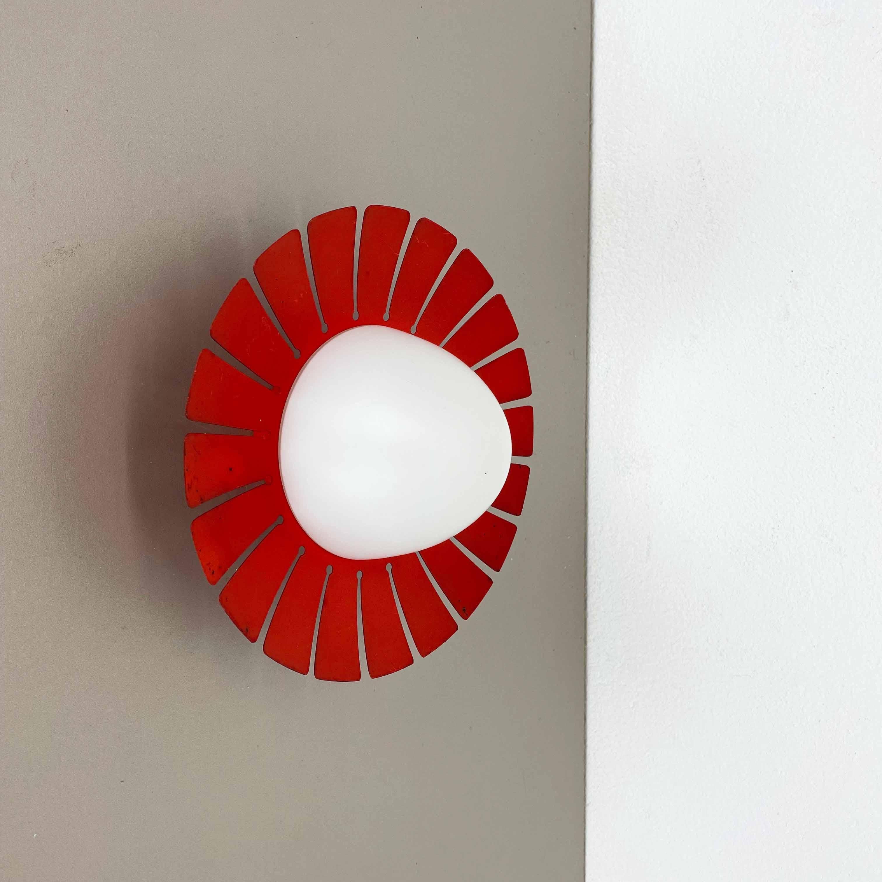 Red Sunburst Stilnovo Style Metal Opaline Glass Wall Light Sconces, Italy, 1960s 5