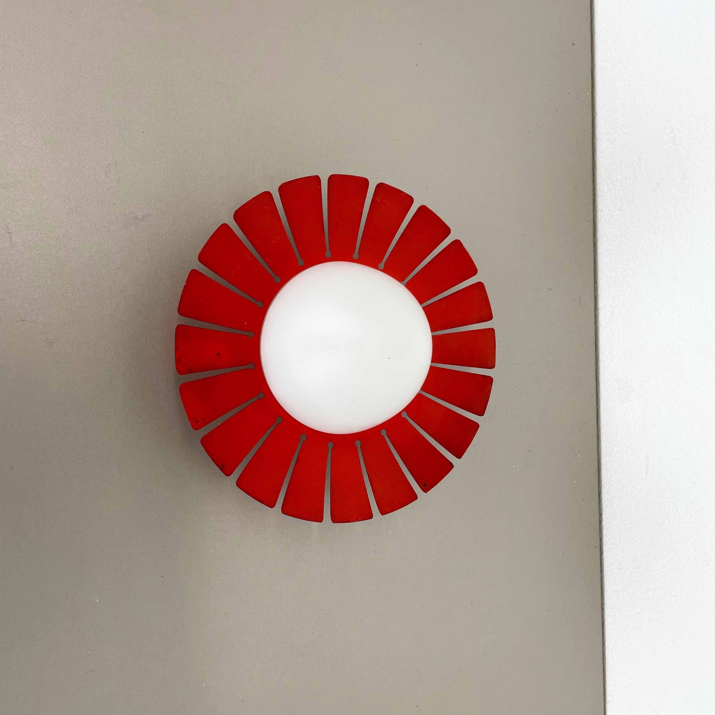 Italian Red Sunburst Stilnovo Style Metal Opaline Glass Wall Light Sconces, Italy, 1960s
