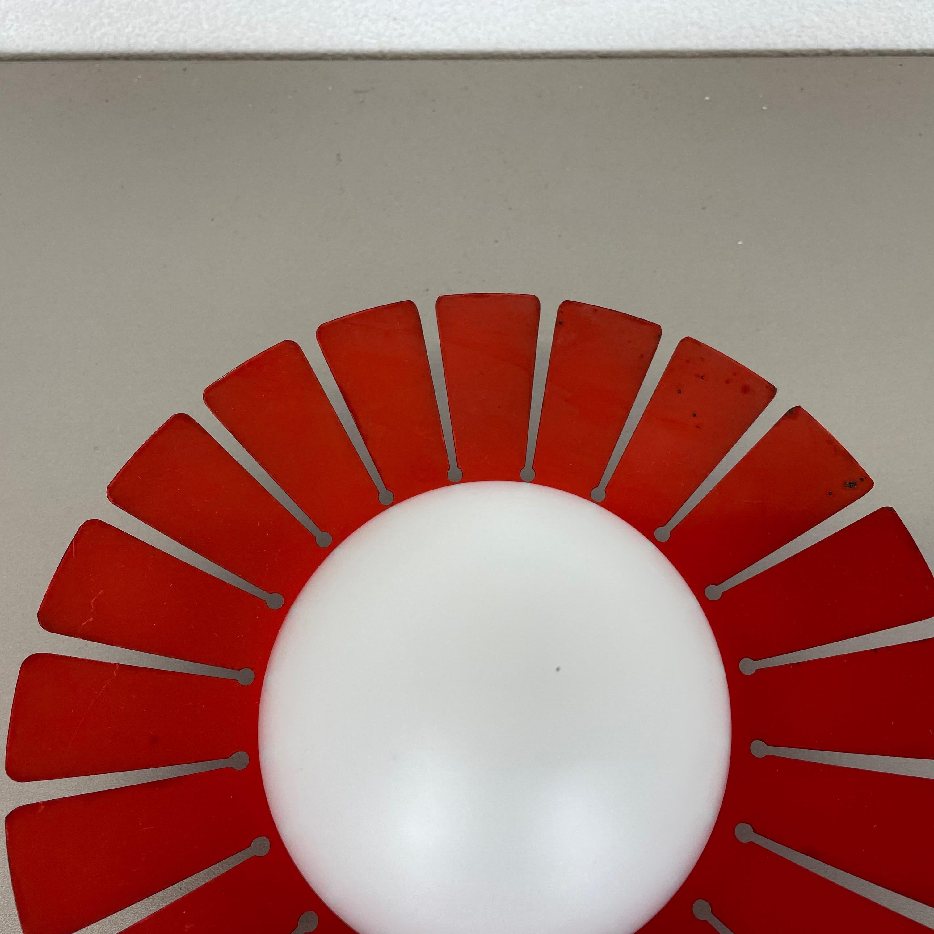 Red Sunburst Stilnovo Style Metal Opaline Glass Wall Light Sconces, Italy, 1960s 1