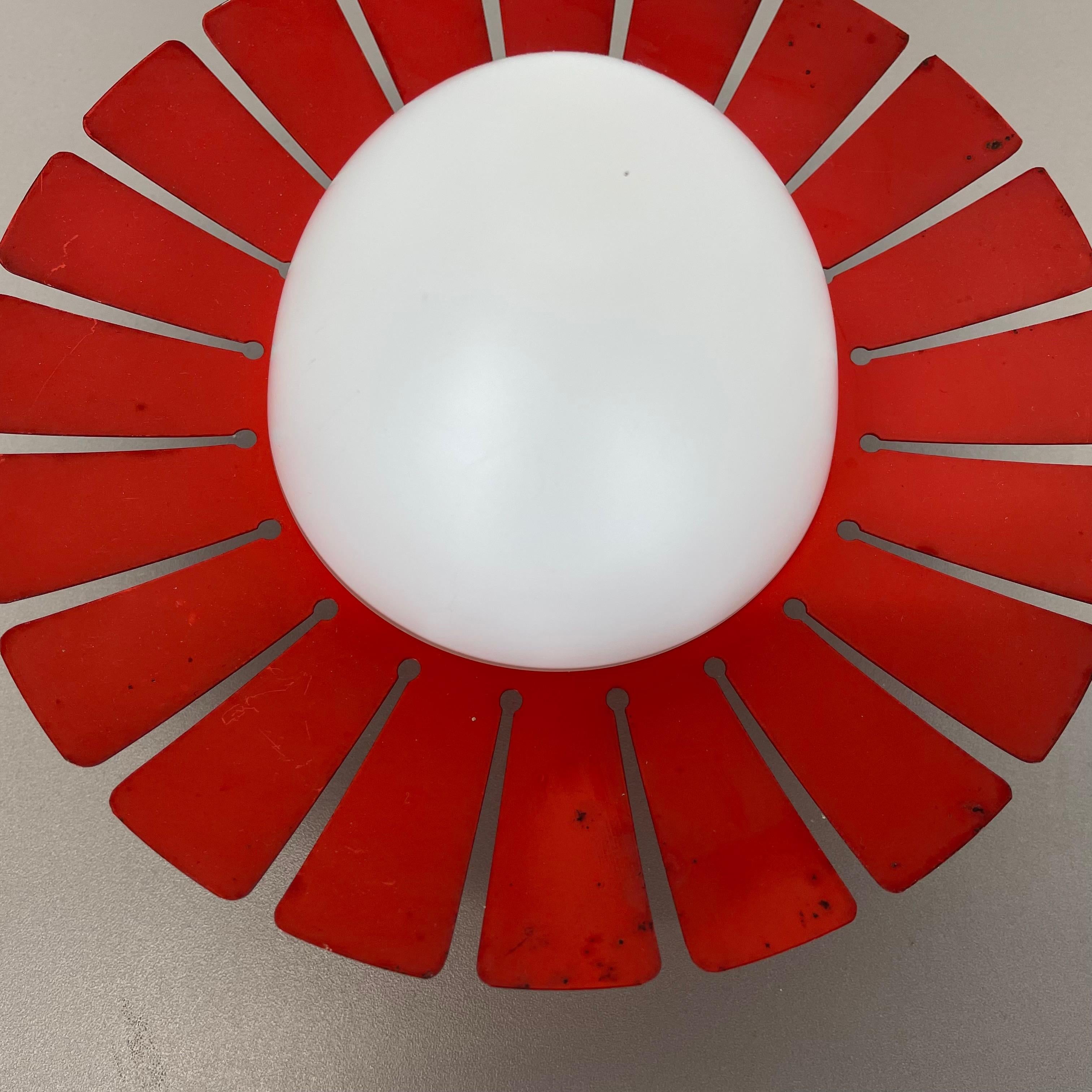 Red Sunburst Stilnovo Style Metal Opaline Glass Wall Light Sconces, Italy, 1960s 2