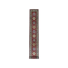 Red Super Kazak Geometric Design Extra Large Runner Pure Wool Hand Knotted Rug