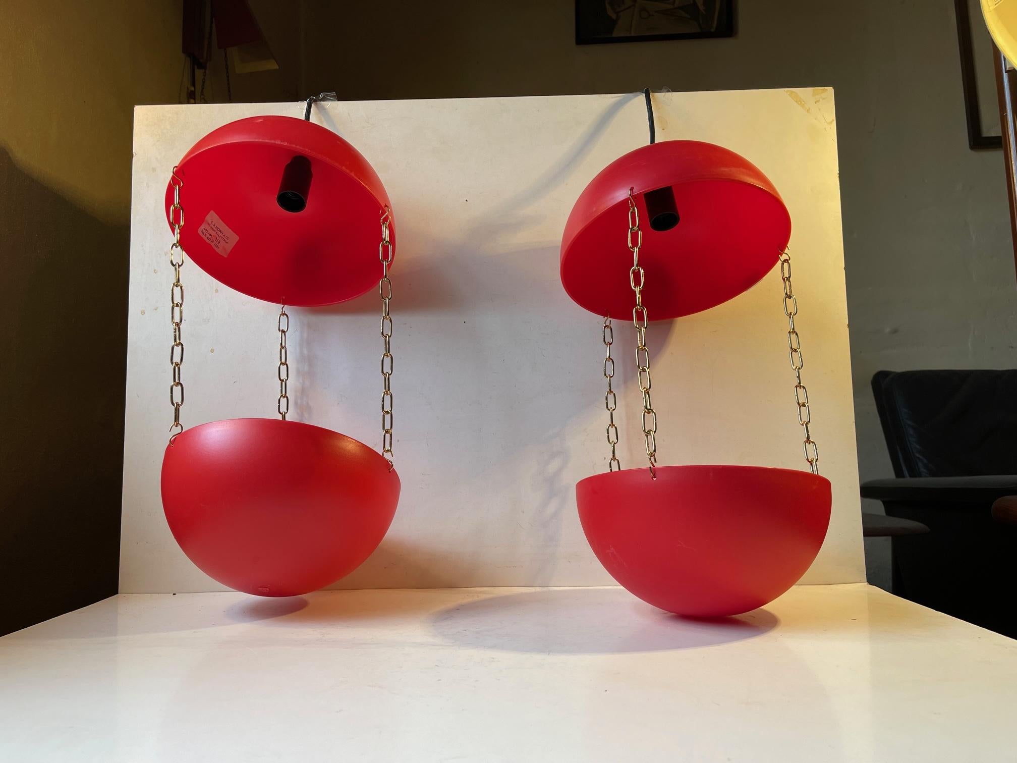 Danish Red Swag Hanging Flower Pot Pendant Lamps by E. S. Horn, 1970s For Sale