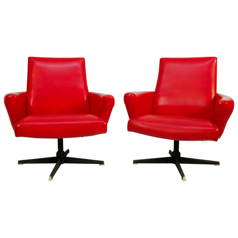 Red Swivel Armchairs By Drevotvar 1978, Red Swivel Chair With Ottoman