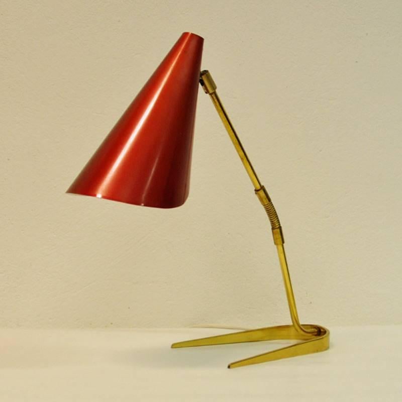 Scandinavian Modern Red Table Lamp of Brass and Metal, Scandinavian, 1950s