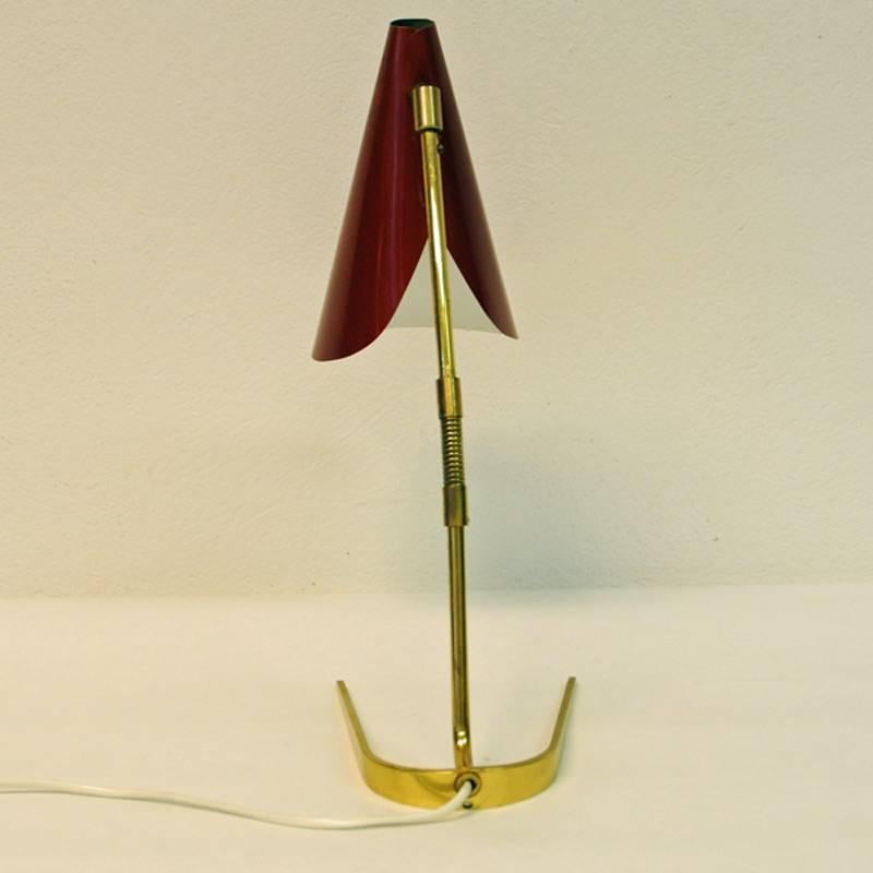 Lacquered Red Table Lamp of Brass and Metal, Scandinavian, 1950s