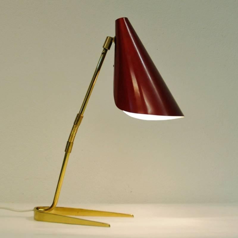 Red Table Lamp of Brass and Metal, Scandinavian, 1950s In Good Condition In Stockholm, SE
