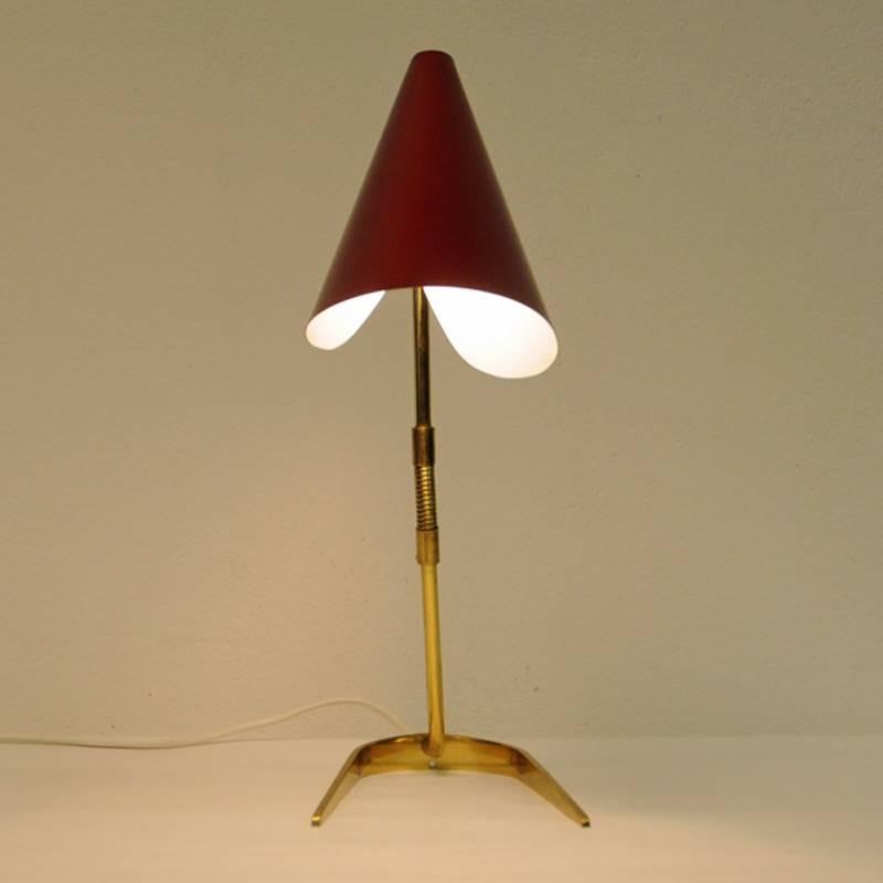 Mid-20th Century Red Table Lamp of Brass and Metal, Scandinavian, 1950s