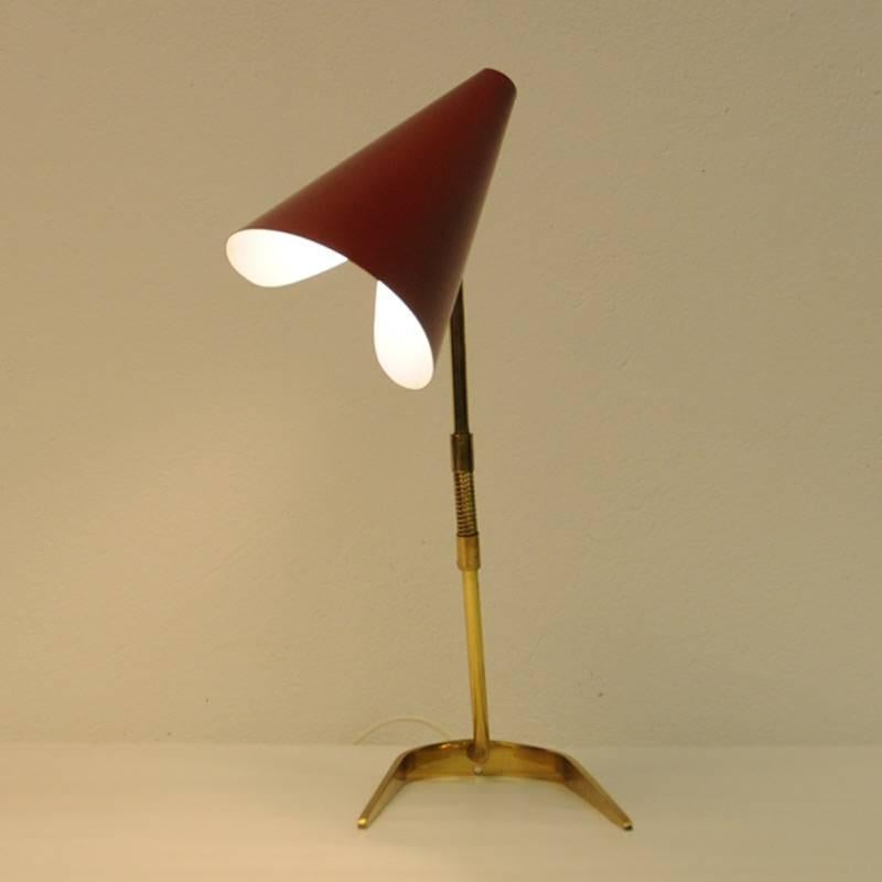 Red Table Lamp of Brass and Metal, Scandinavian, 1950s 1