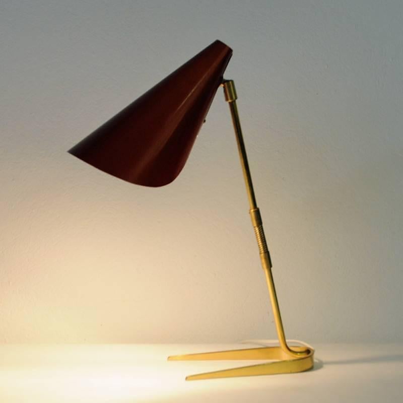 Red Table Lamp of Brass and Metal, Scandinavian, 1950s 2
