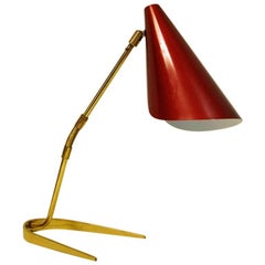 Red Table Lamp of Brass and Metal, Scandinavian, 1950s