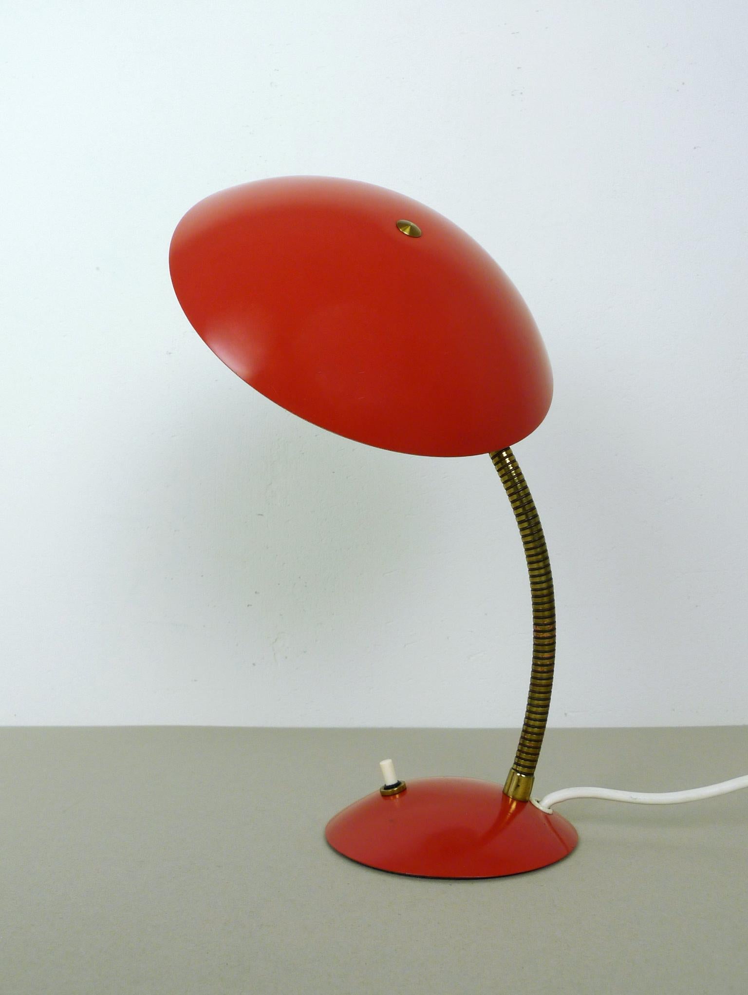 Brass Red Table Lamp with Gooseneck, Germany, 1950s For Sale