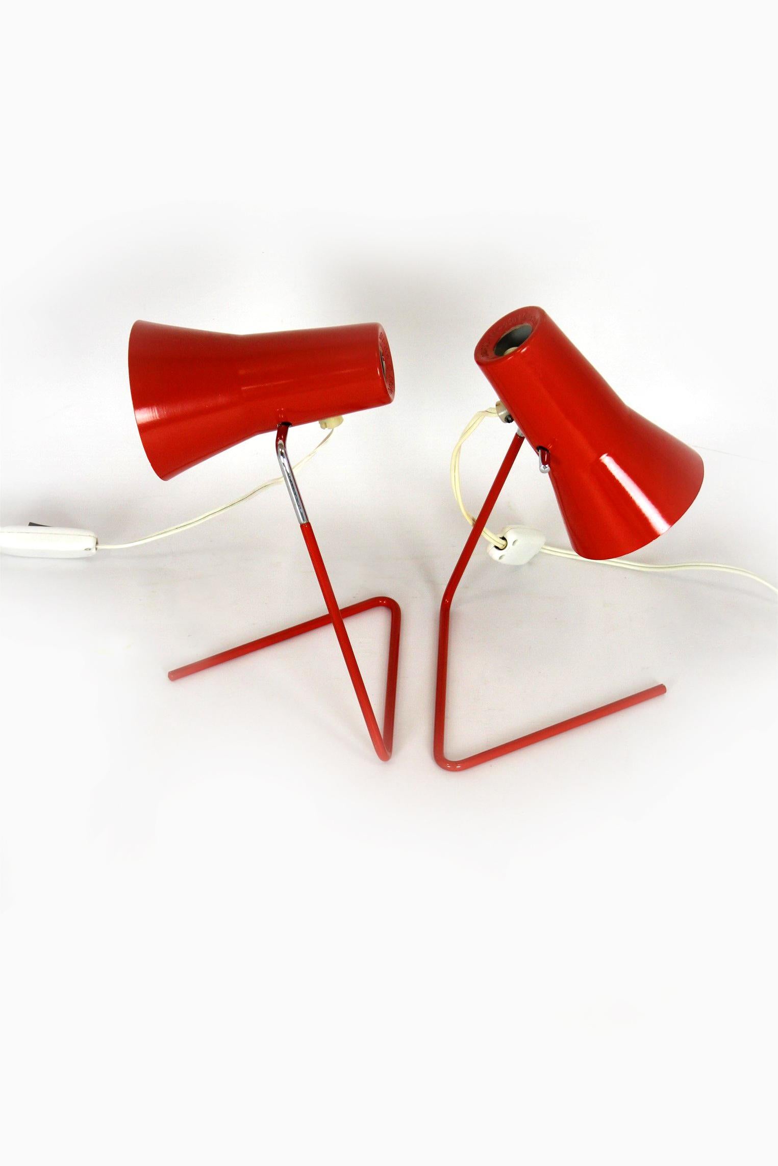 Red Table Lamps by Josef Hurka for Drupol, 1960s, Set of 2 In Good Condition For Sale In Żory, PL