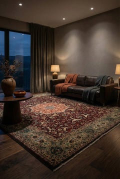 Red Tabriz Wool Hand Knotted Rug 9 ft x 13 ft , Maroon Medallion Harmony