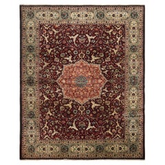Red Tabriz Wool Hand Knotted Rug 9 ft x 13 ft , Maroon Medallion Harmony