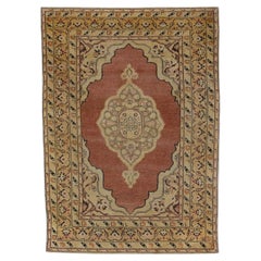 Türkischer Oushak-Teppich aus handgewebter Wolle in Rot & Hellbraun 4'4" x 6'