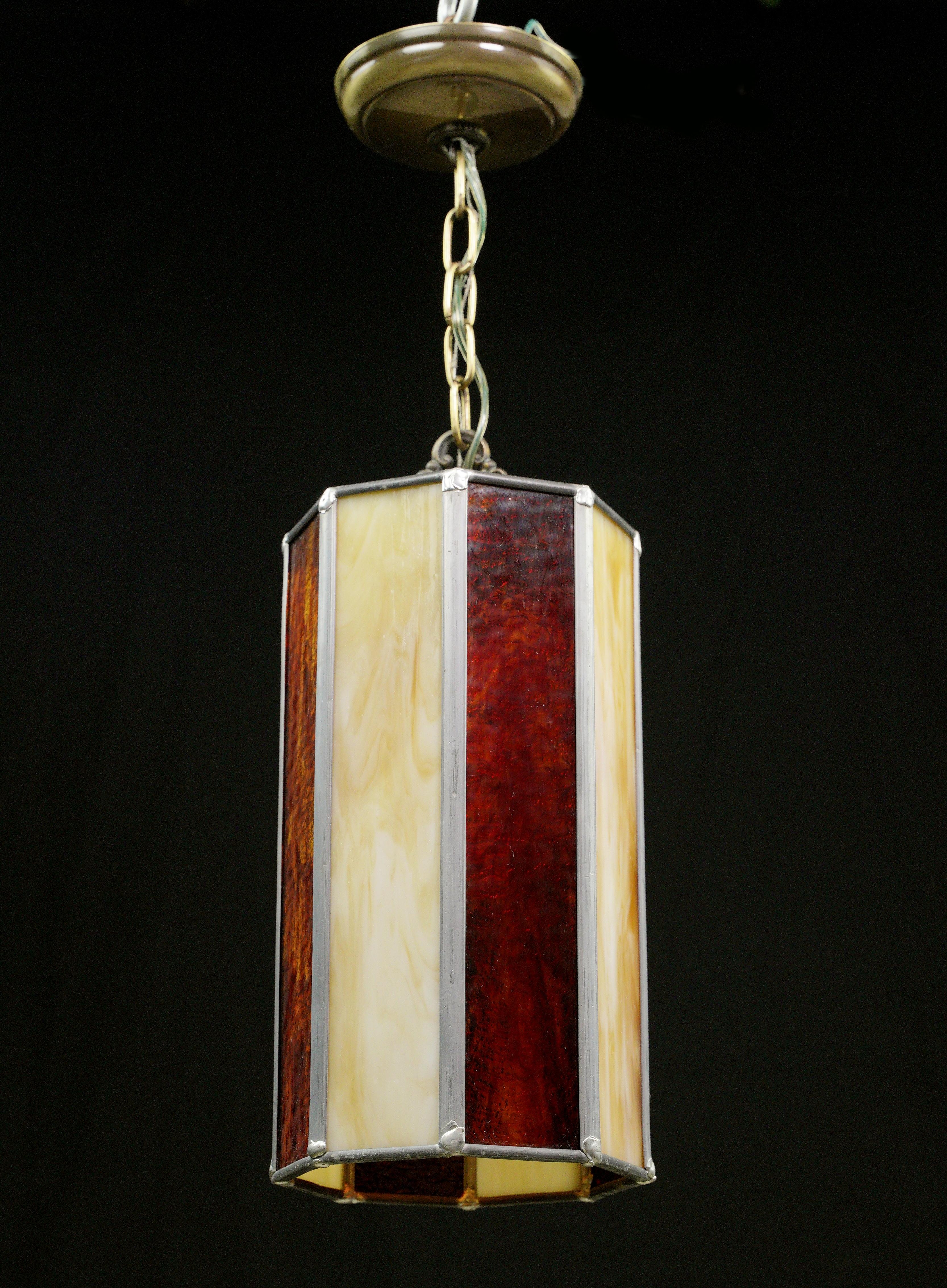 American Red Tan Leaded Stained Glass Brass Chain Pendant Light For Sale