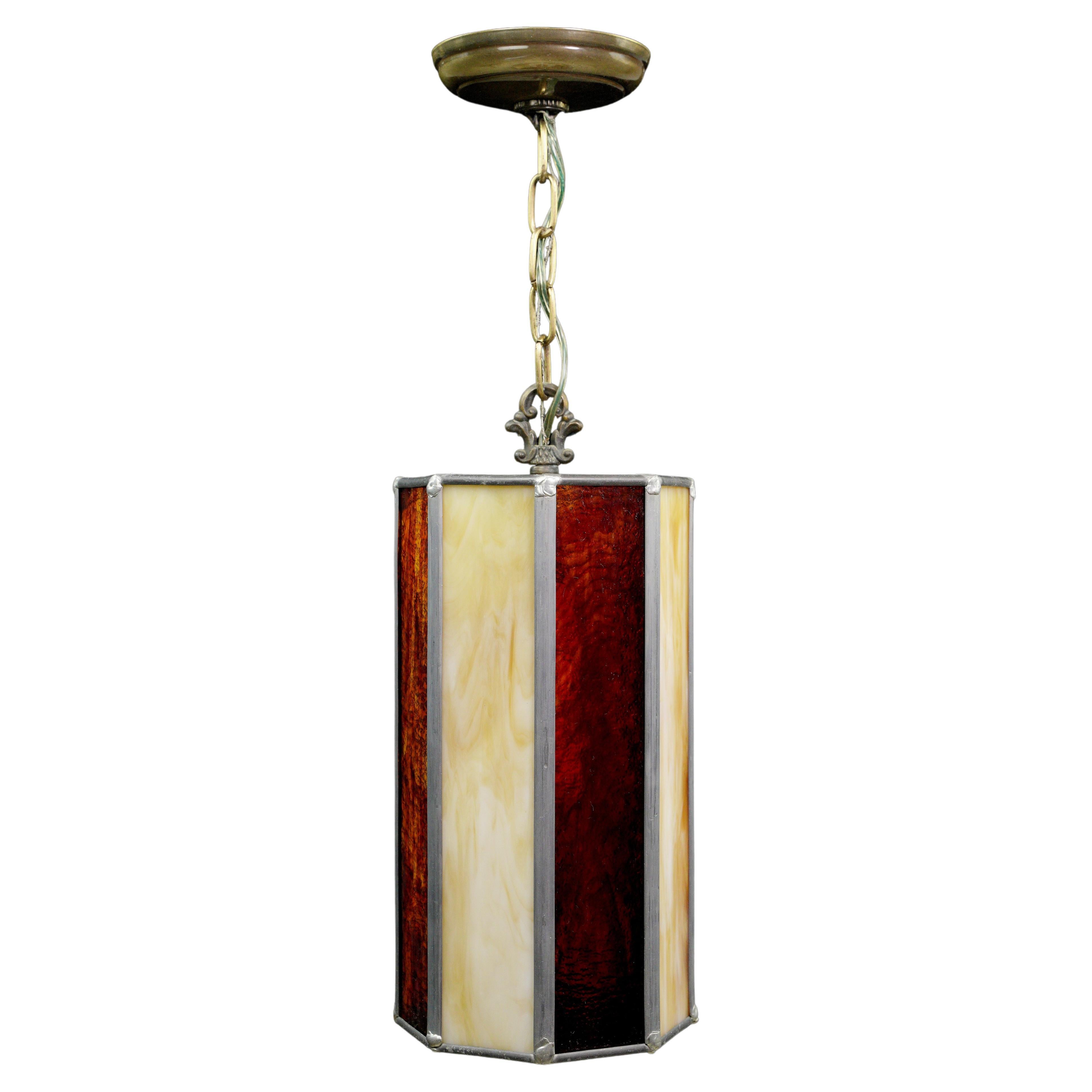Red Tan Leaded Stained Glass Brass Chain Pendant Light