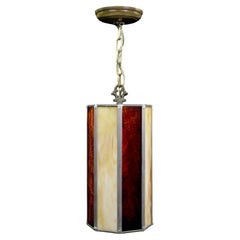 Vintage Red Tan Leaded Stained Glass Brass Chain Pendant Light