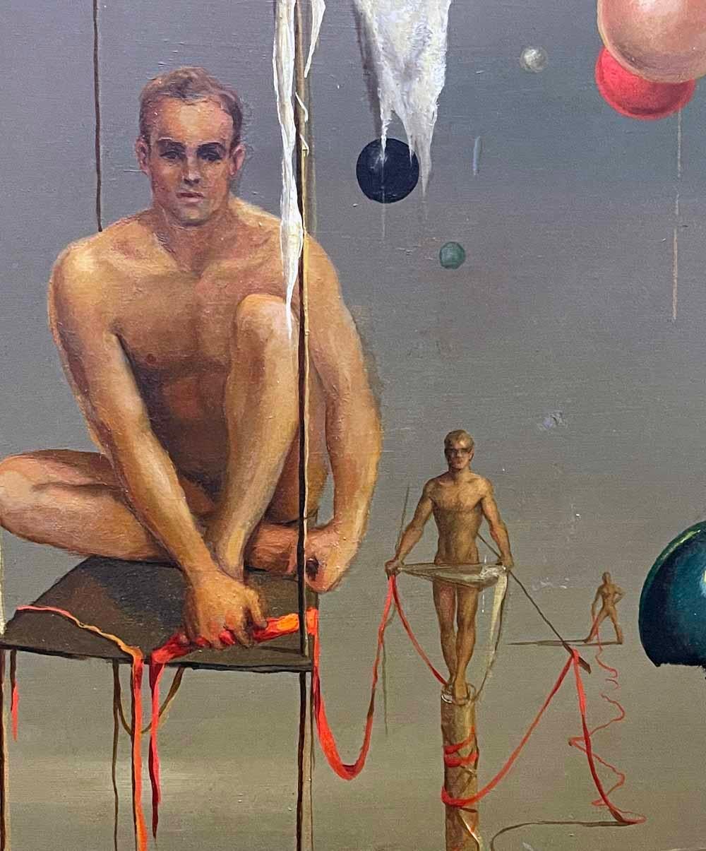 Esta imagen, una de las mejores y sin duda la primera pintura de John Lear que hemos visto u ofrecido, representa a tres figuras masculinas desnudas unidas por una línea de cinta roja y enmarcadas por una serie de orbes que flotan en el aire.  Como