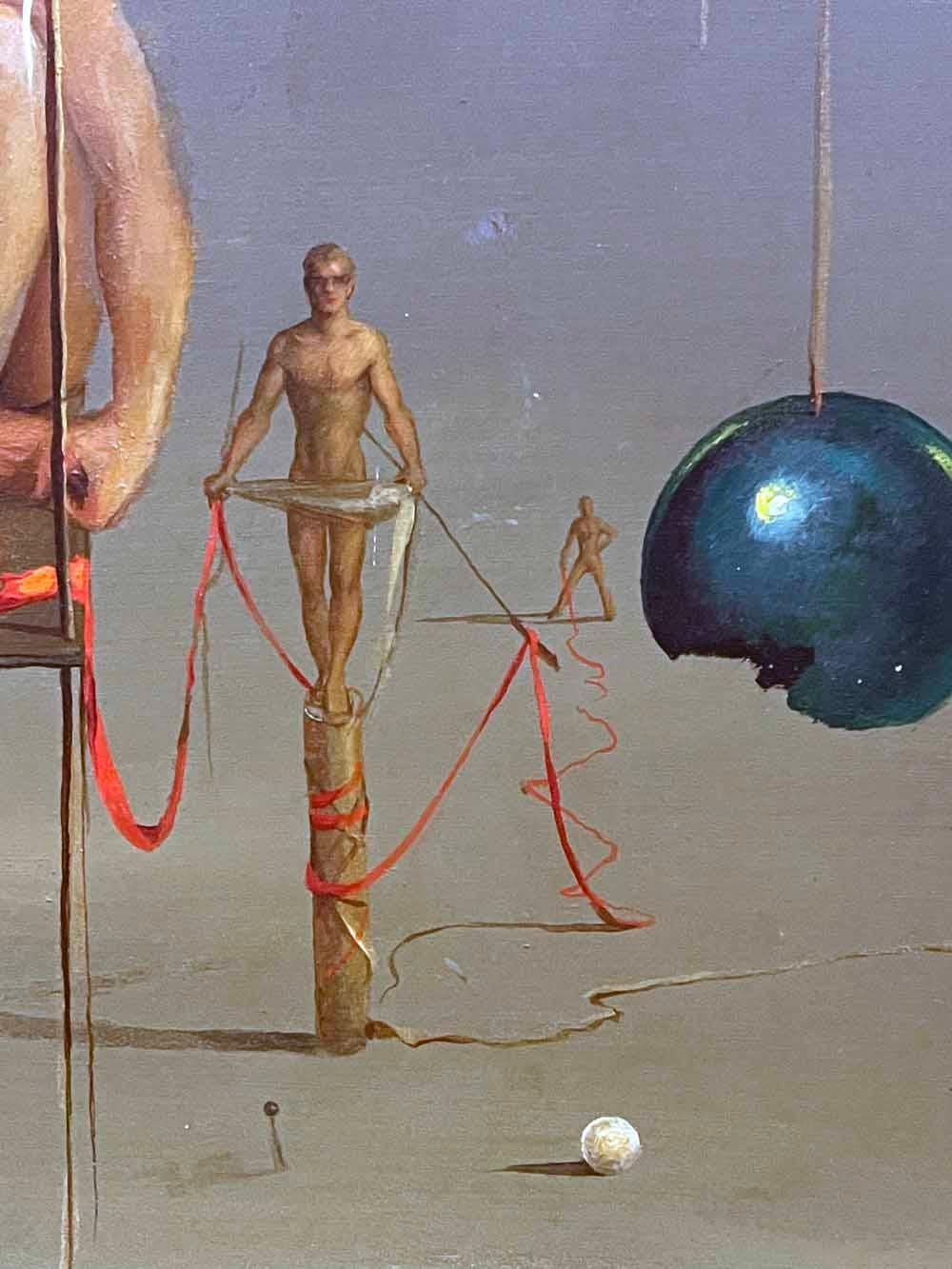 Mid-Century Modern « Red Tape », première et importante peinture surréaliste de John Lear avec nus masculins en vente