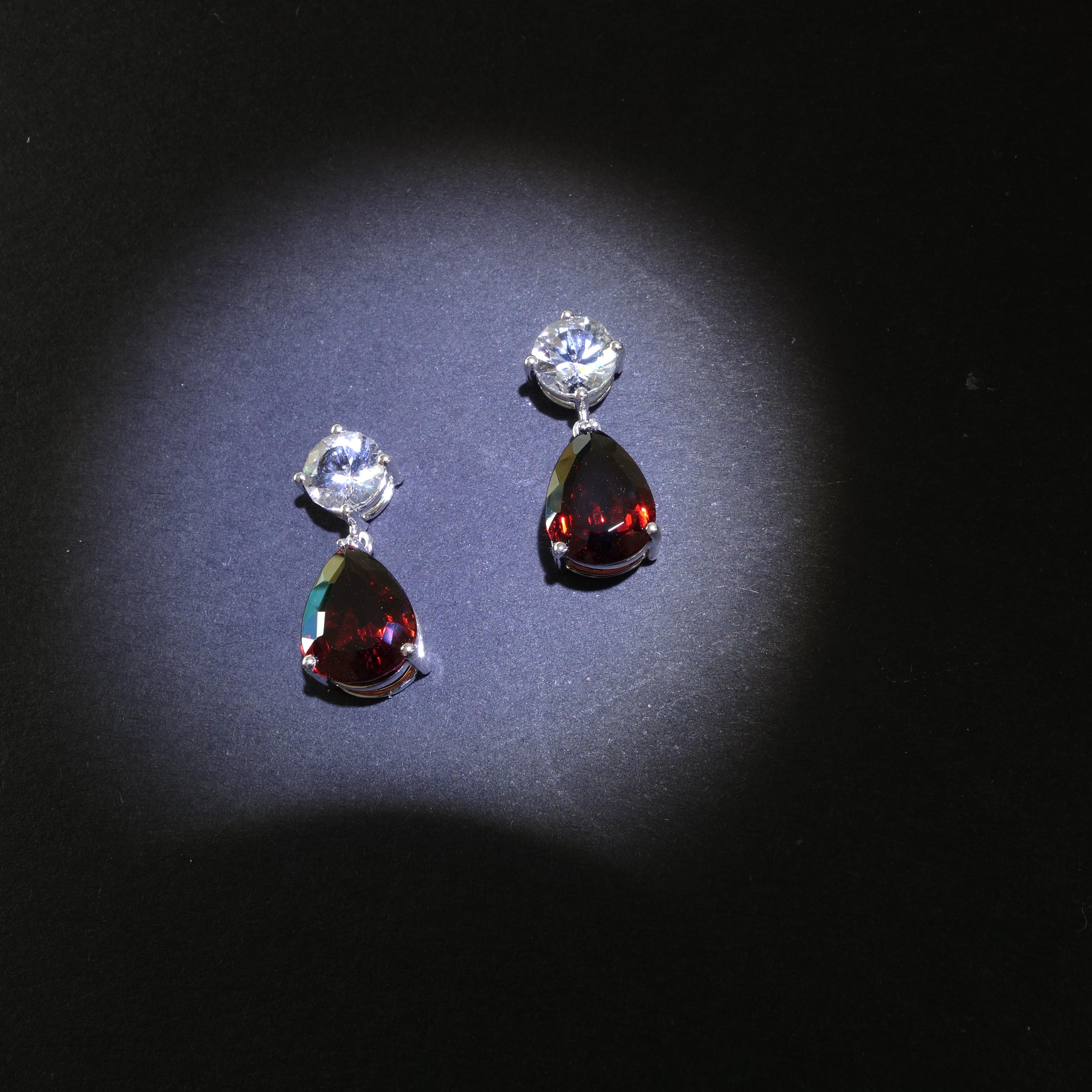 Women's or Men's AJD Elegant Red Garnet and White Dangle Earrings 