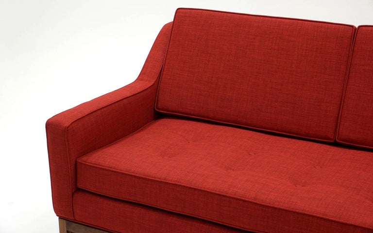 Mid-Century Modern Red Three-Seat Sofa with Walnut Frame by Jens Risom, Expertly Restored