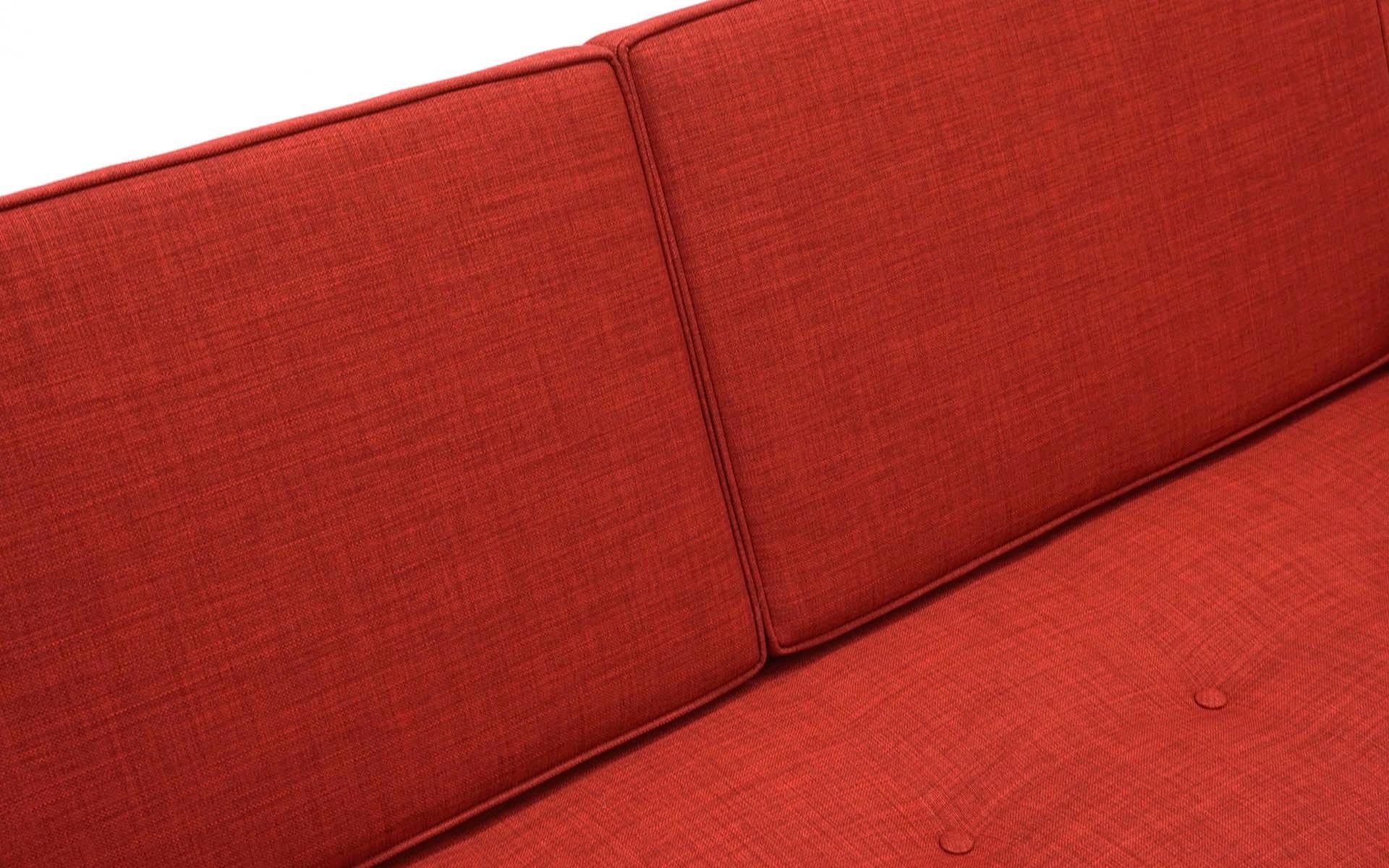 Mid-Century Modern Red Three-Seat Sofa with Walnut Frame by Jens Risom, Expertly Restored