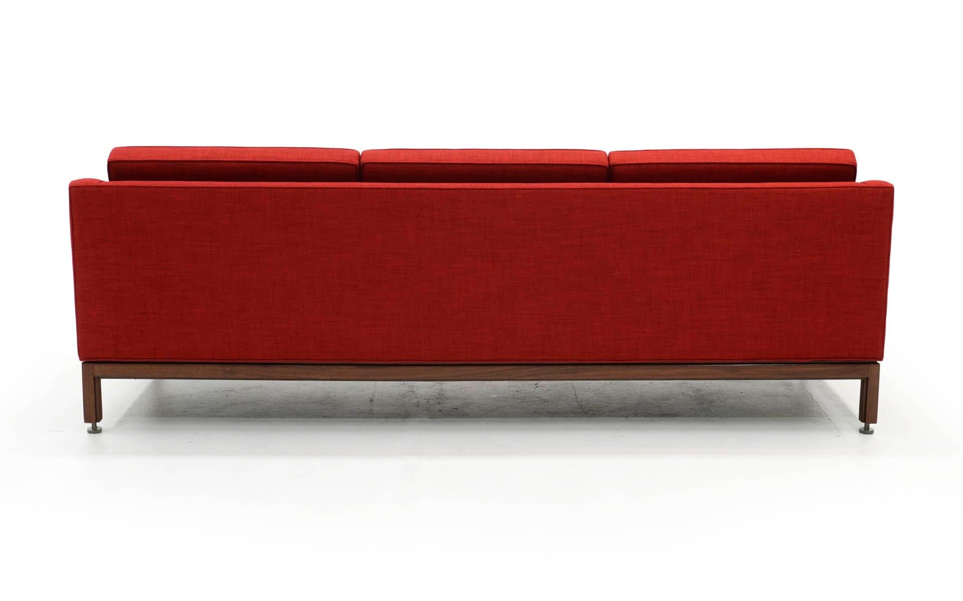 Mid-20th Century Red Three-Seat Sofa with Walnut Frame by Jens Risom, Expertly Restored
