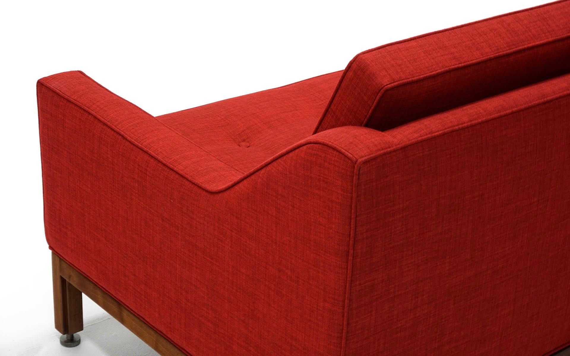 Upholstery Red Three-Seat Sofa with Walnut Frame by Jens Risom, Expertly Restored