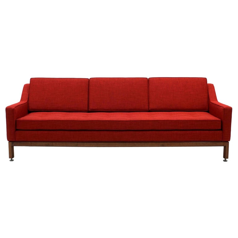 Red Three-Seat Sofa with Walnut Frame by Jens Risom, Expertly Restored