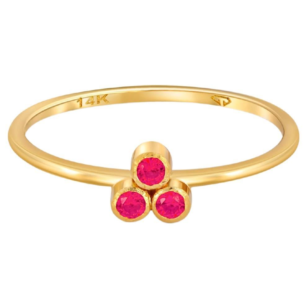 Red Three Stone 14k gold ring. For Sale