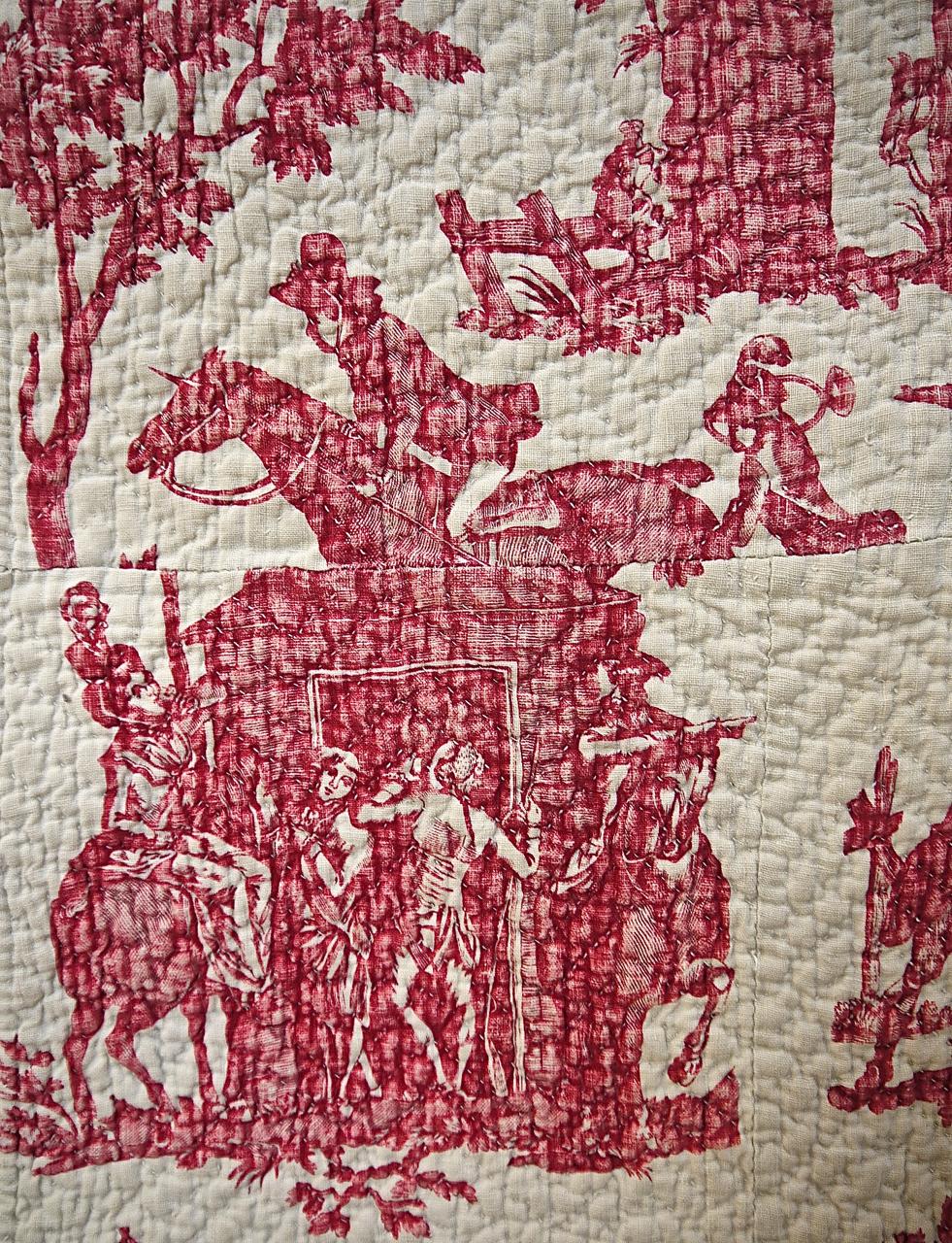 French Provincial Red Toile Hunting Scenes Small Quilt French, 18th Century