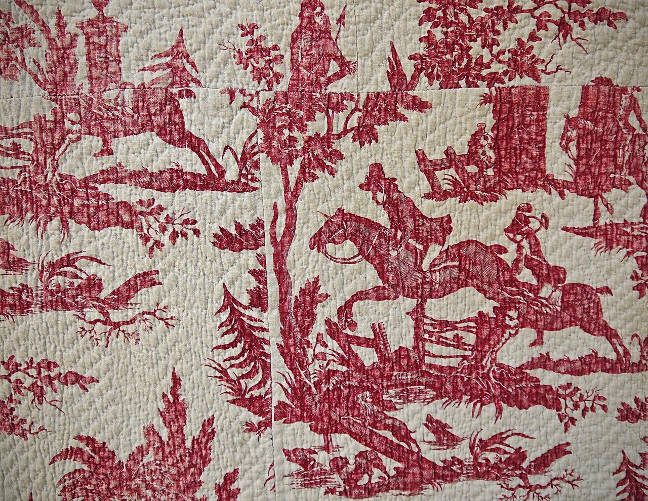 Quilted Red Toile Hunting Scenes Small Quilt French, 18th Century