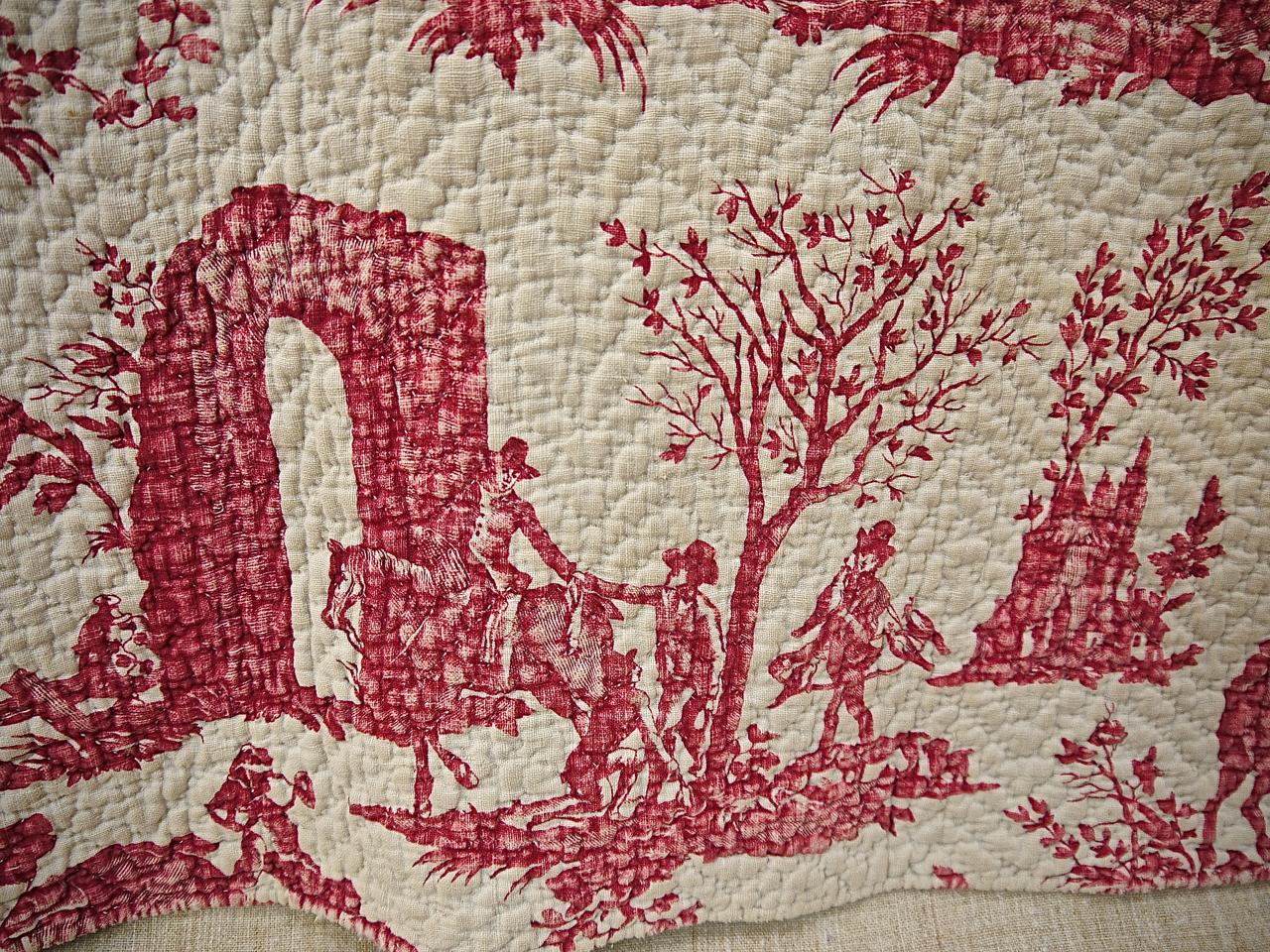 Cotton Red Toile Hunting Scenes Small Quilt French, 18th Century