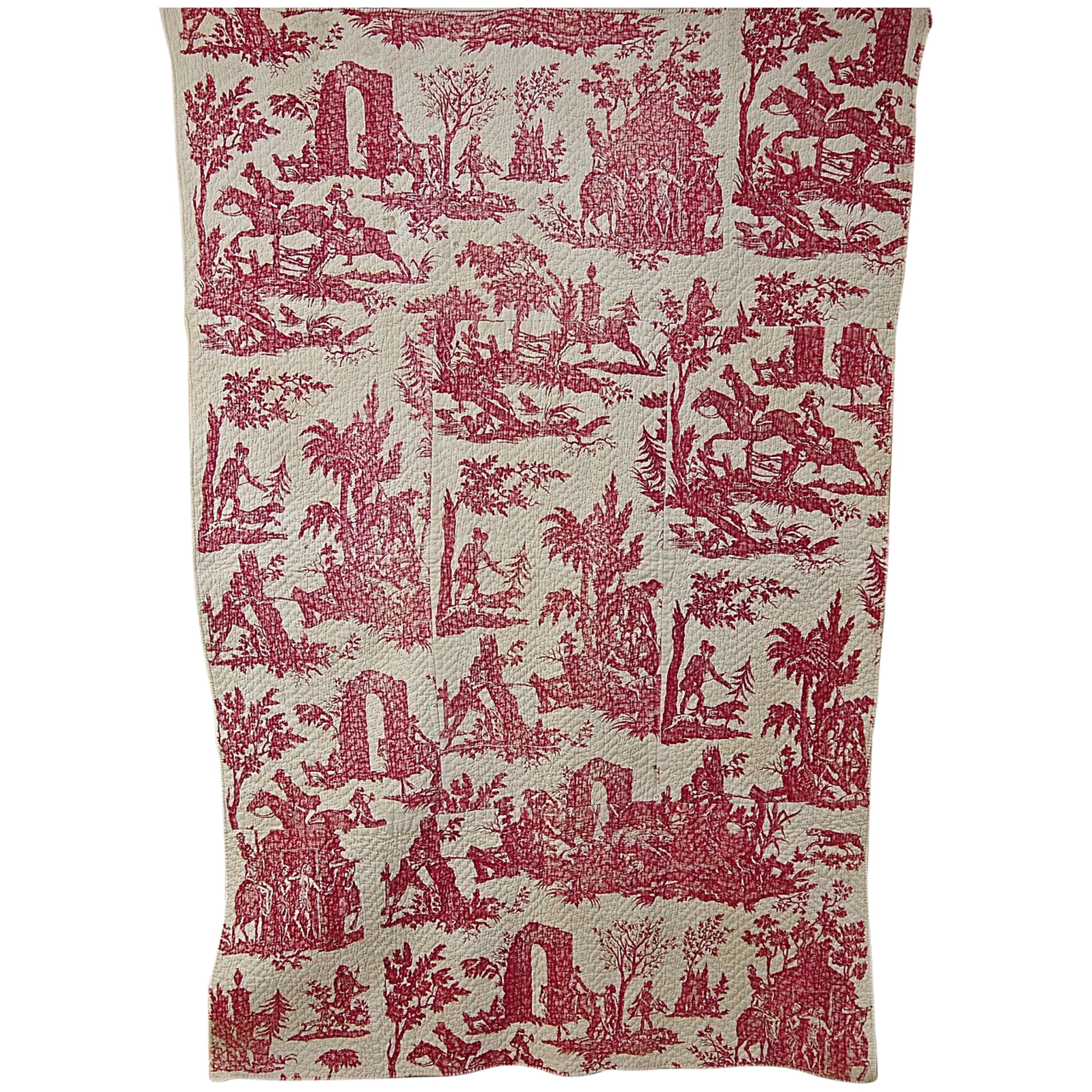 Red Toile Hunting Scenes Small Quilt French, 18th Century