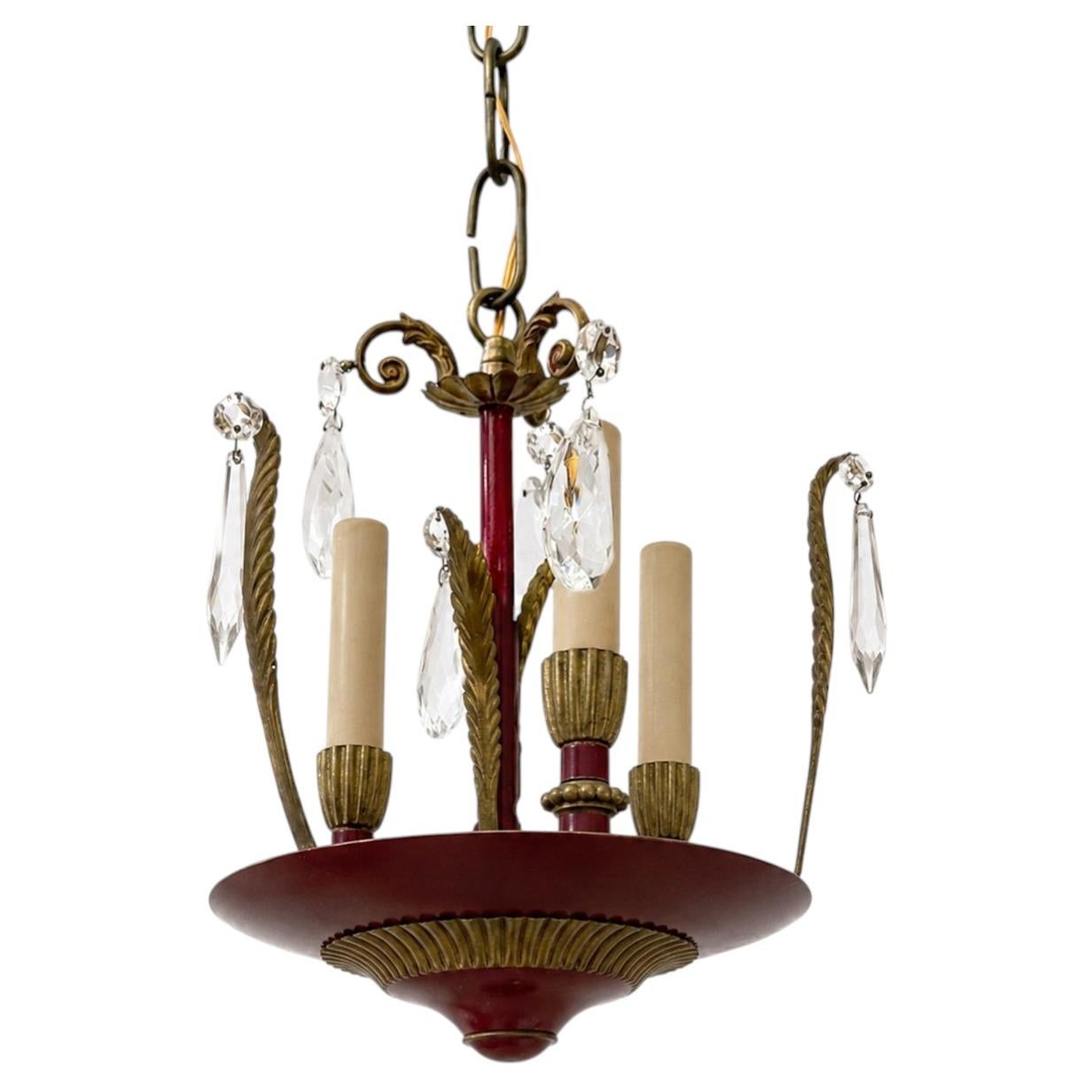 Red Tole Chandelier with Crystals For Sale