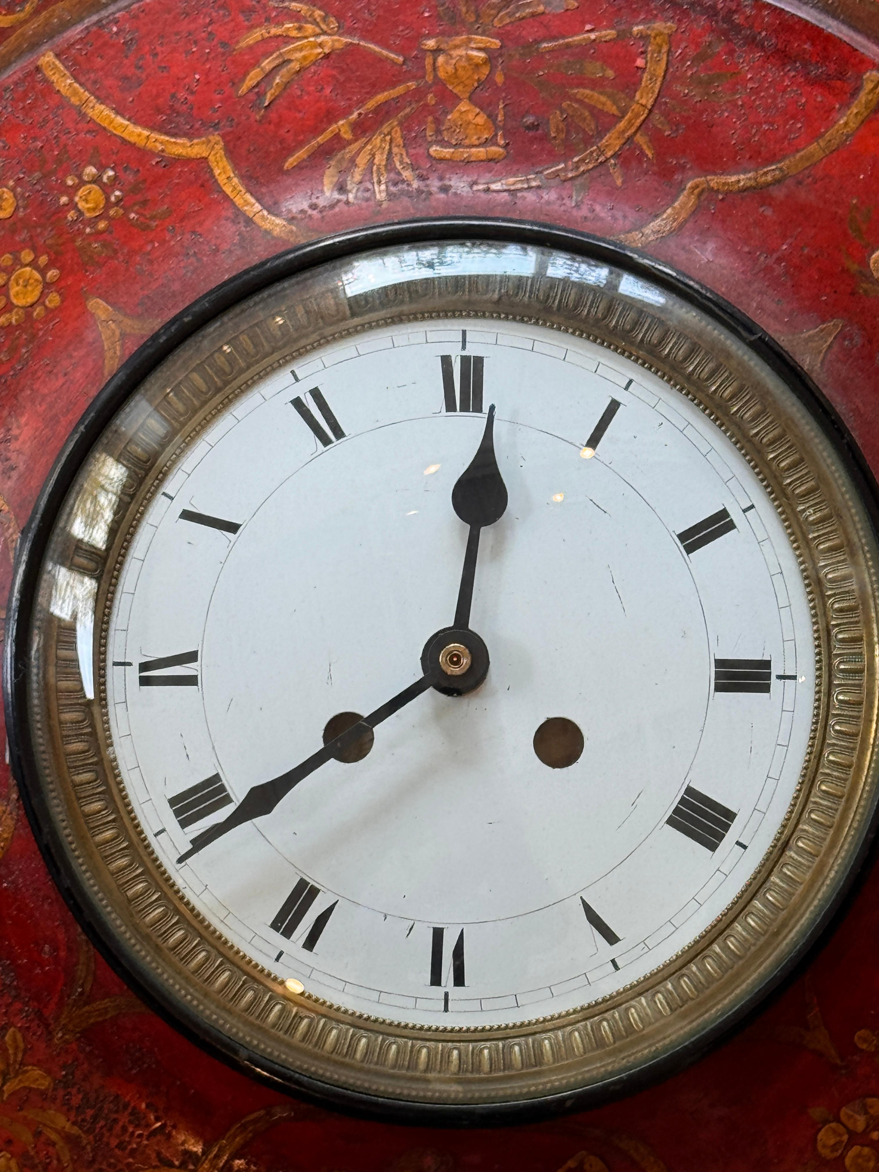 French Red Tole Chinoiserie Wall Clock For Sale