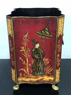 Red Tole Chinoiserie Wastepaper Bin or Trash Can